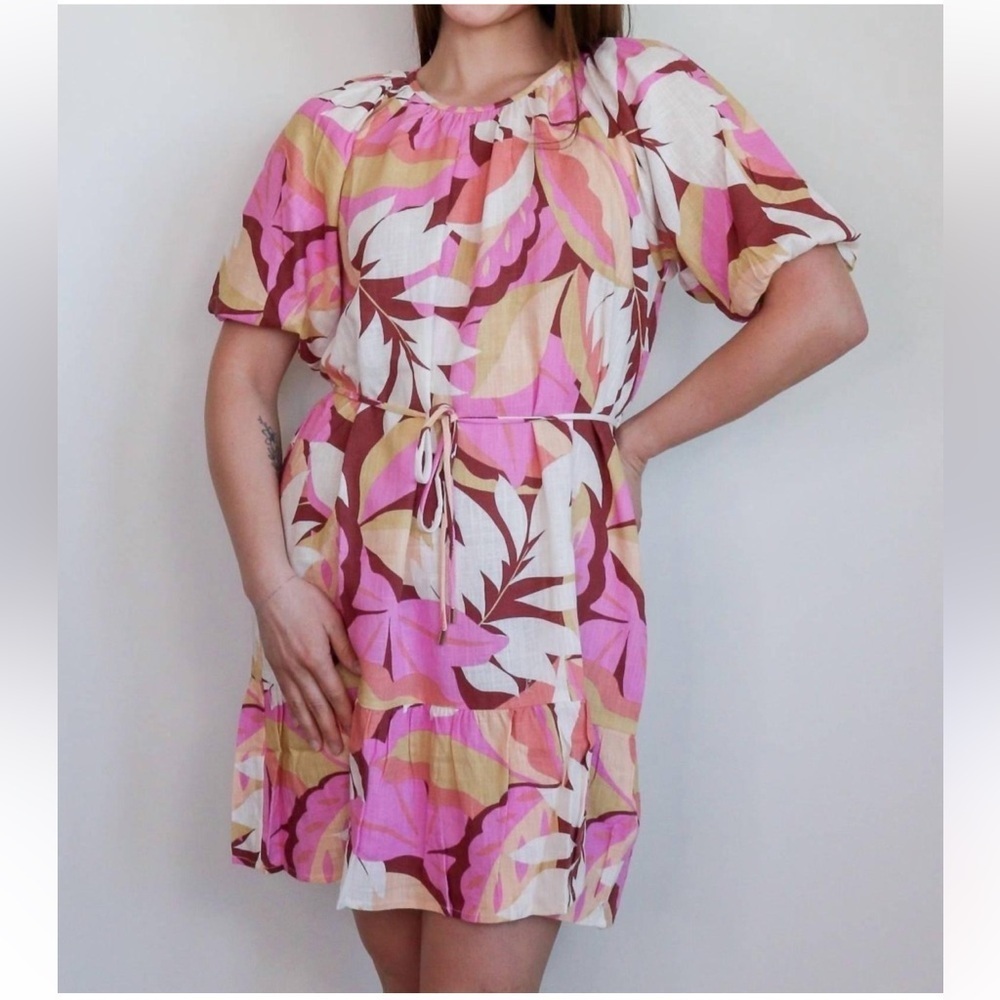 MINKPINK Kali Mini Dress Linen Blend Floral Lightweight Tie Waist